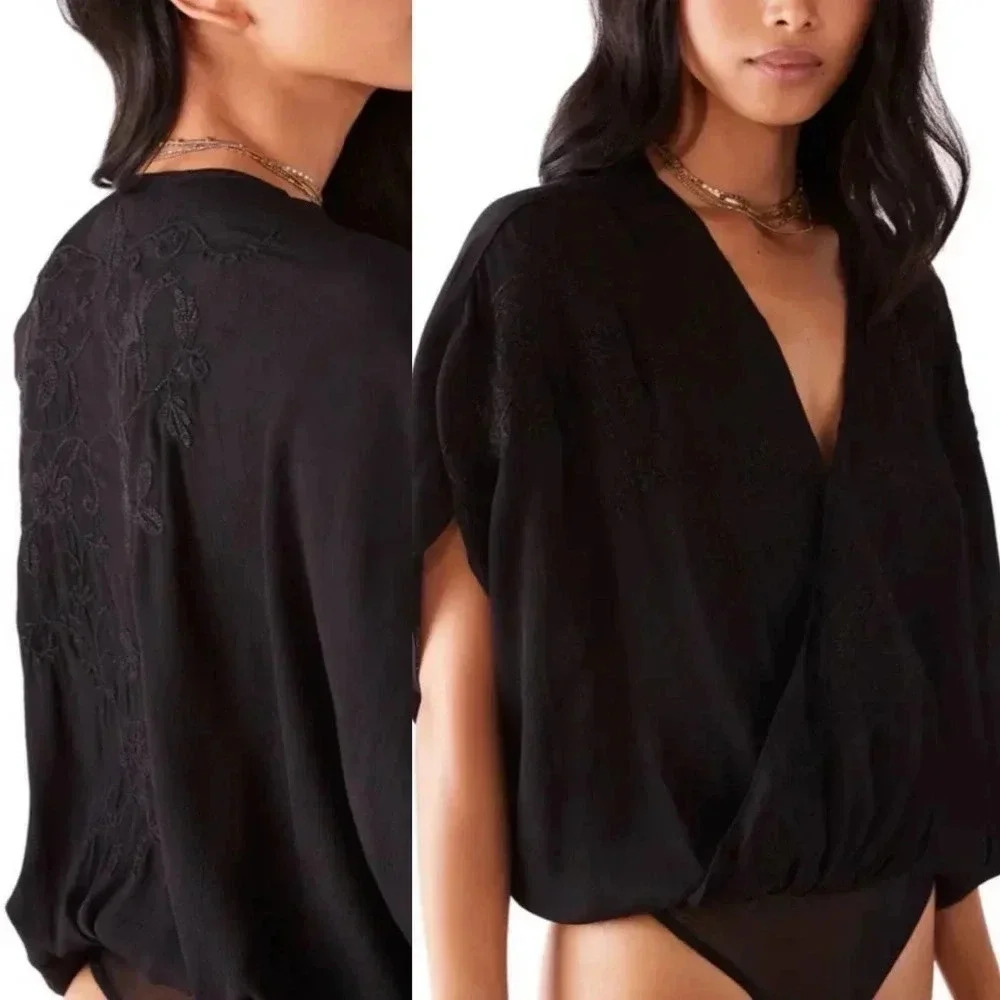 Free People Summer of Love Black Embroidered V-Neck Batwing Bodysuit Small